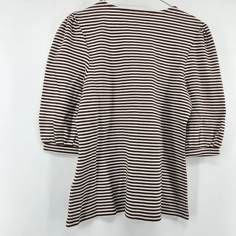 Boden Women's Size US 10‎ Potting Soil Ivory Stripe Ribbed Puff Sleeve Top NWT